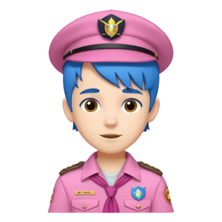 scout boy with very pink scout uniform, blue haired and hat sticker