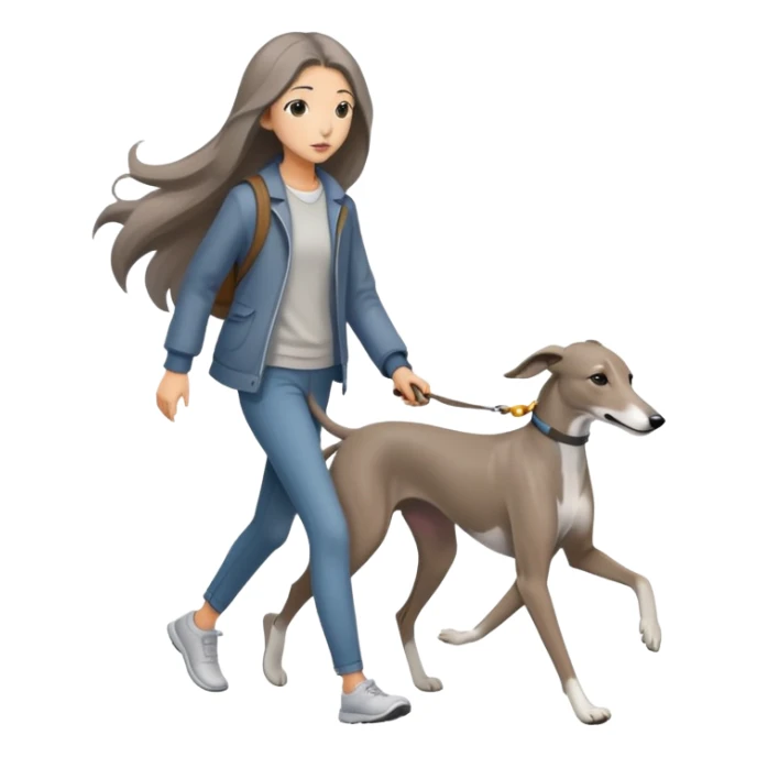 Japanese girl with flowing hair walking a solid grey greyhound with no white markings sticker