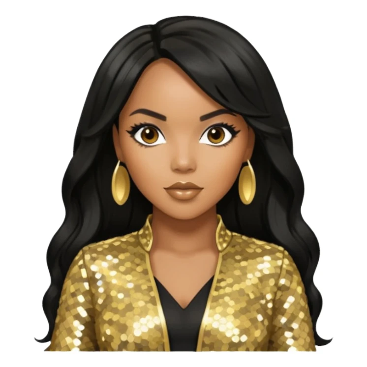 LeToya Luckett with long black hair, gold sequin outfit sticker