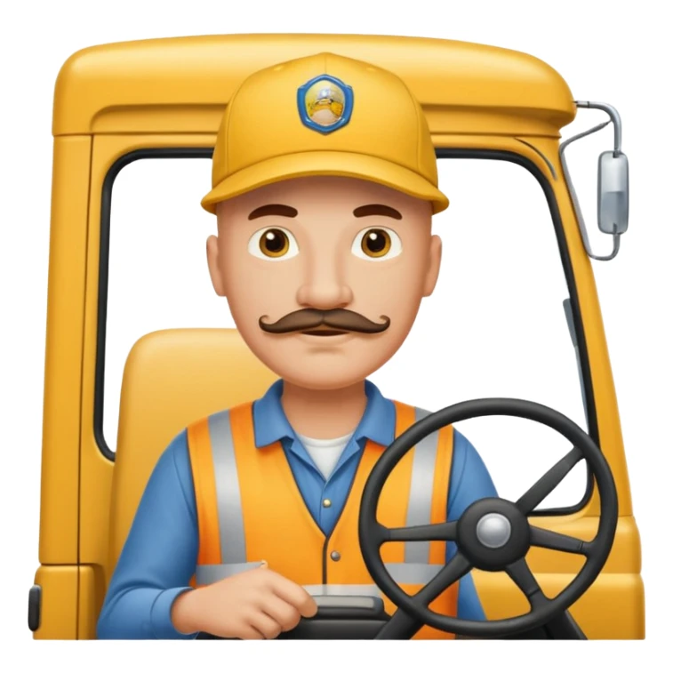 bald truck driver with mustache and baseball cap driving yellow semi sleeper truck sticker