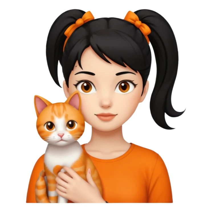 A black haired girl with a high ponytail holding an orange cat sticker