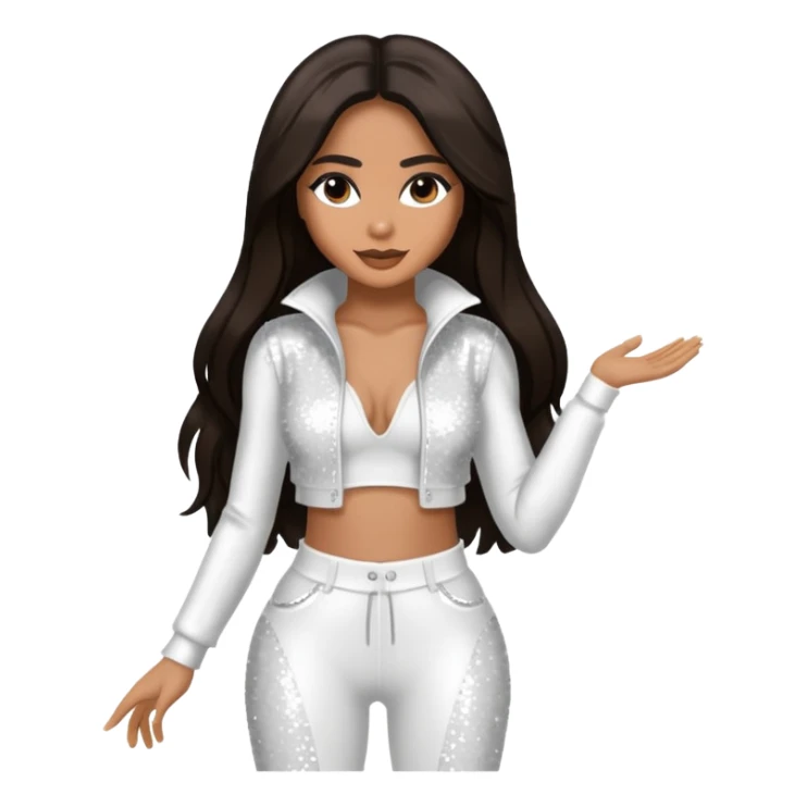 Ciara with long dark brown hair, white sequin outfit sticker