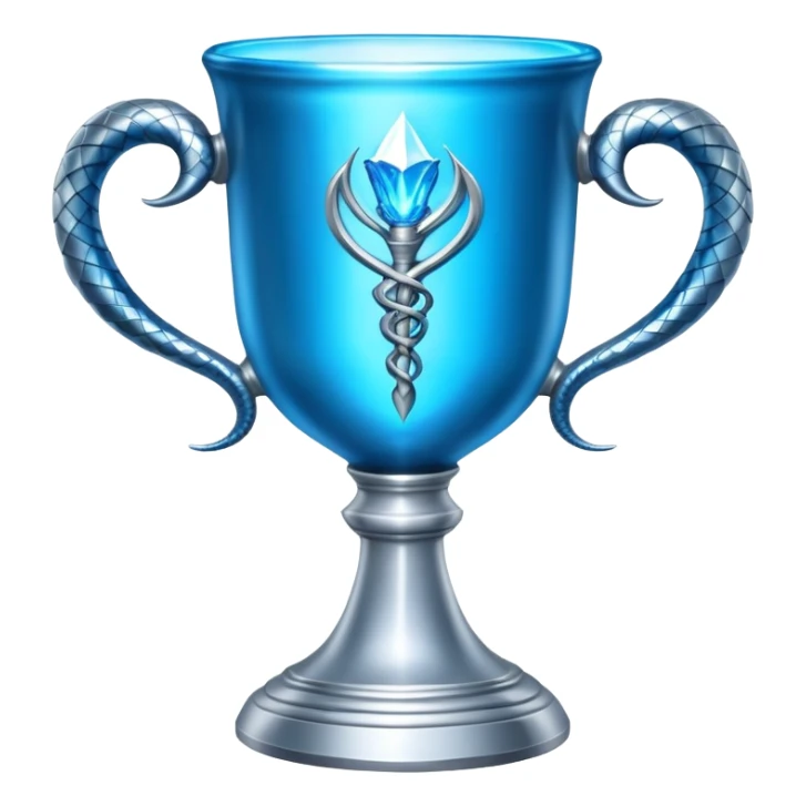 exact movie-accurate Triwizard Cup from Harry Potter, wide chalice with angular facets, two distinct silver snake handles curving upward, bright blue glow inside sticker