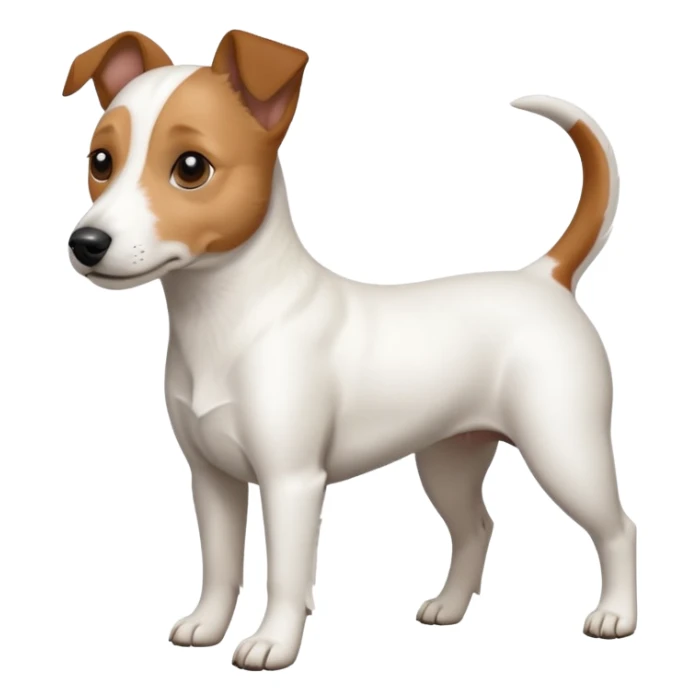 a full body white jack russel looking dog the size of a kelpie with light brown ears and a light brown patch on one eye, flopped down ears and a large snout sticker