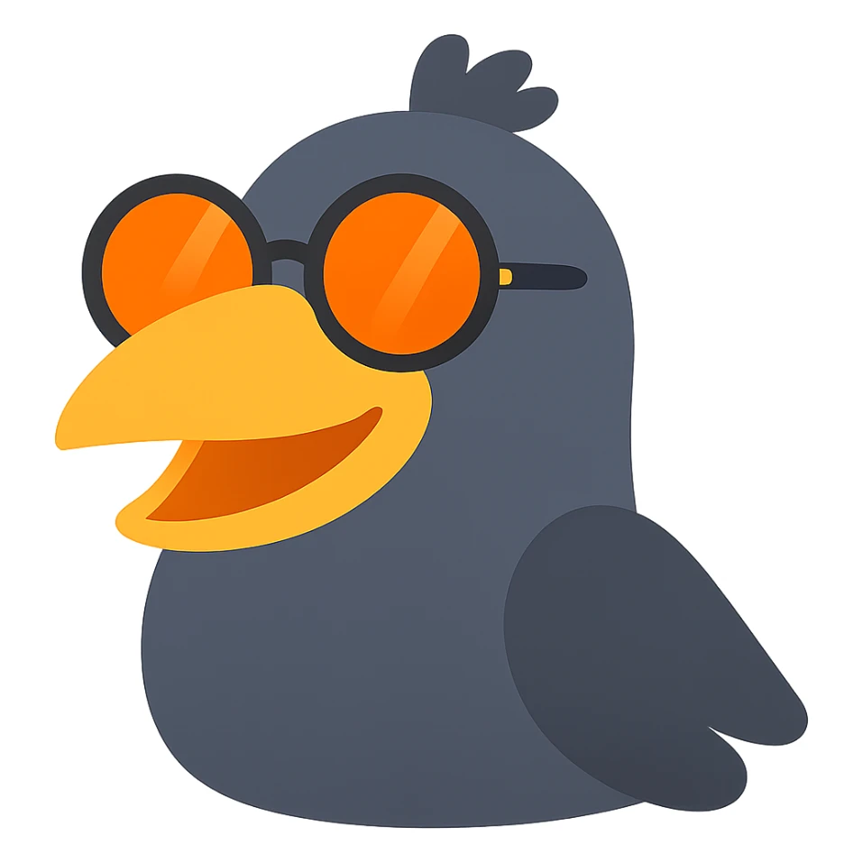 Make the bird emoji even less realistic—more cartoonish and simplified, but keep the same pose, orange beak, and round sunglasses. Minimal feather texture, smooth shading, and a playful look. Bird with a big smile. No background. Maintain the style of the original bird emoji but make it more cartoonish and simplified. sticker