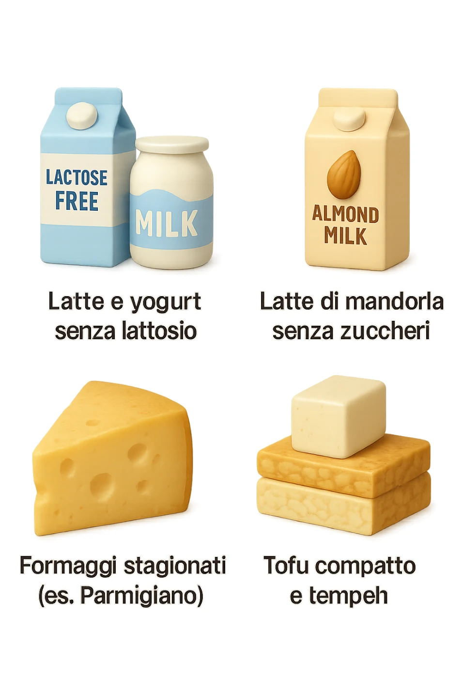 emoji stile iphone 3d di questi elementi che fluttuano in aria:

Latte e yogurt delattosati
Latte di mandorla (non zuccherato)
Latte di soia da proteine isolate
Formaggi stagionati (es. parmigiano)
Tofu compatto e tempeh
 che fluttuano in aria,  le etichette scrivile in italiano, iperealistico 4k sticker