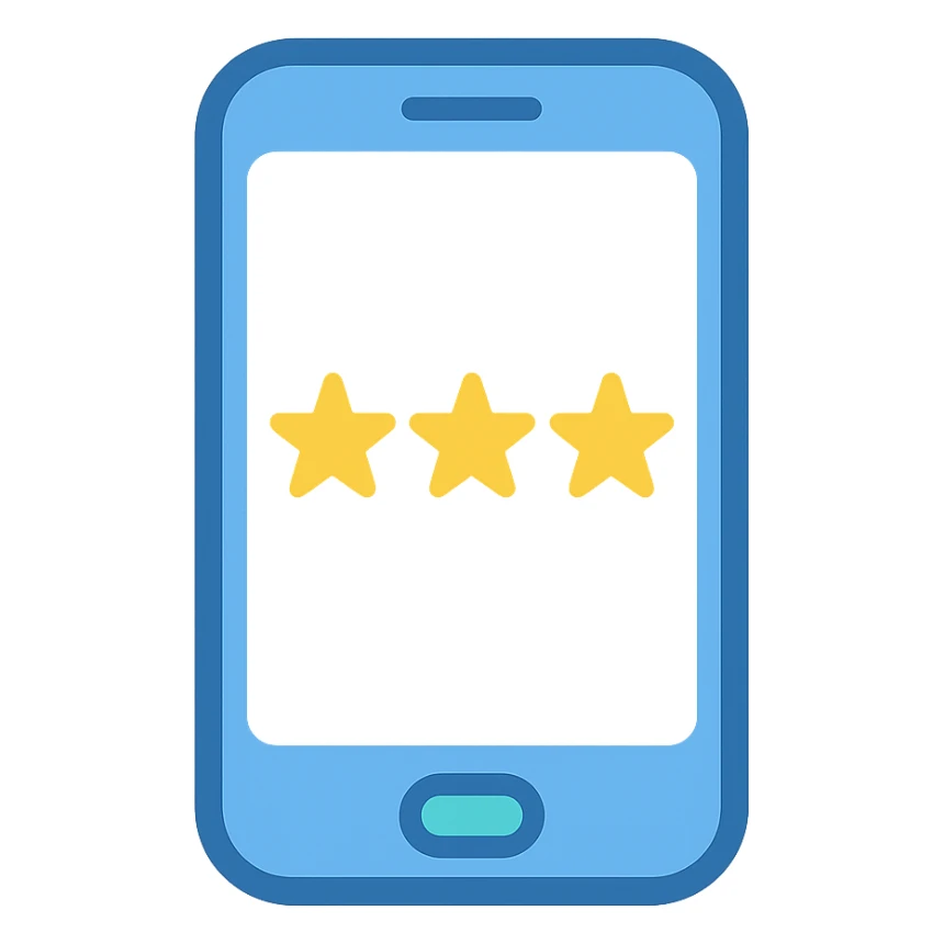 Smartphone icon, flat emoji style, outline with blue and turquoise colors, screen showing three gold/yellow stars aligned in a horizontal row, white background sticker
