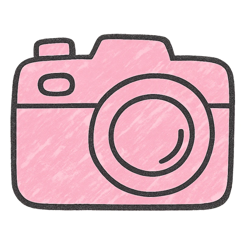 soft and cute camera icon, pink theme, Japanese hand-drawn style, transparent background, for mobile home screen sticker