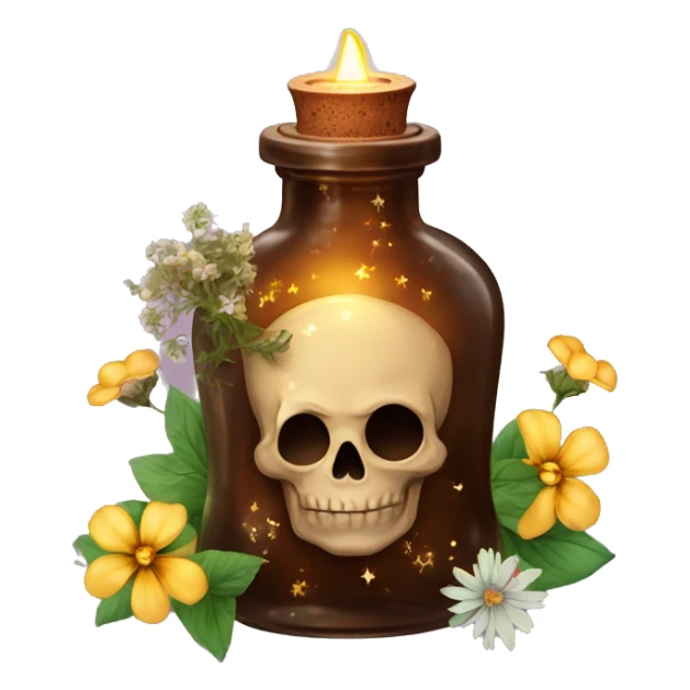 Brown magic fairy light sparkling old Antique bottle with poison and with herbal and flowers sticker