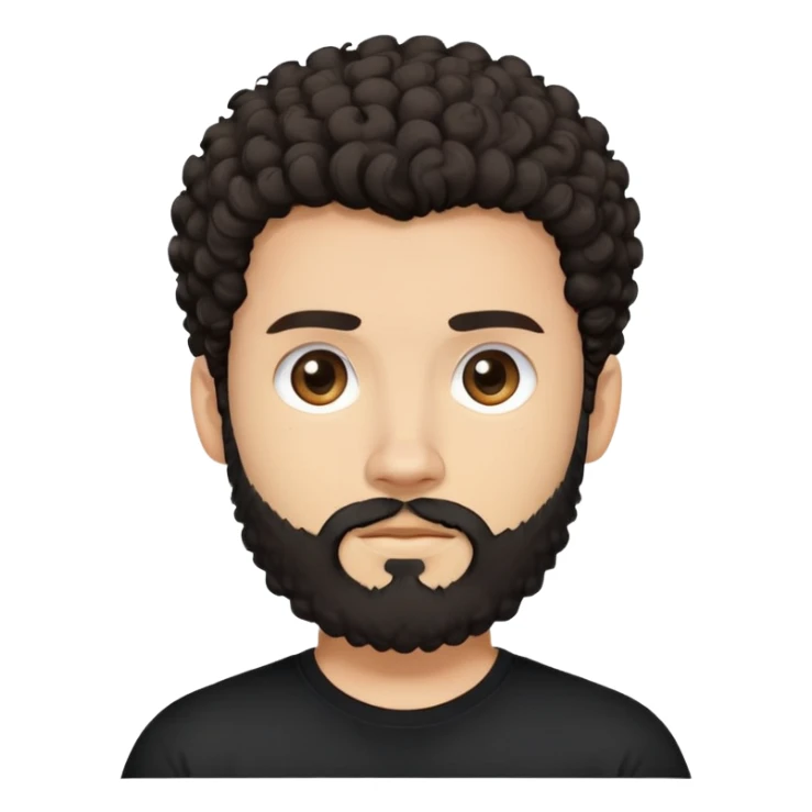young man with light skin, thick curly dark hair, full beard, neutral expression, plain black t-shirt, front-facing, minimalistic, simplified features, clean lines, flat design sticker