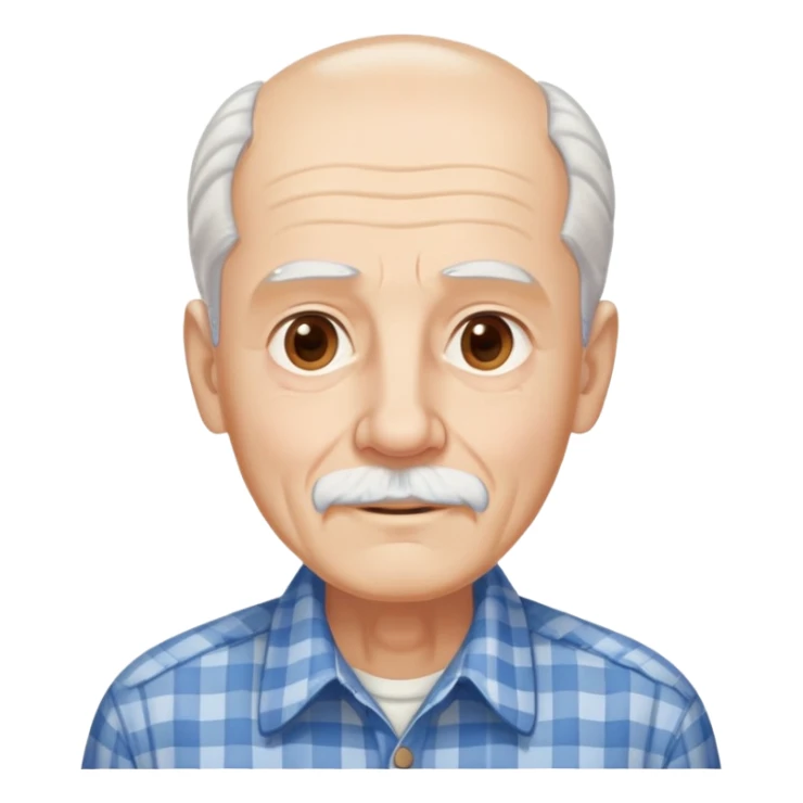 Elderly man with light skin. Elongated face with kind expression. Light brown eyes. Thin eyebrows. White goatee and white mustache. Gray-white hair combed back. Wearing a blue and beige checkered button-up shirt. sticker