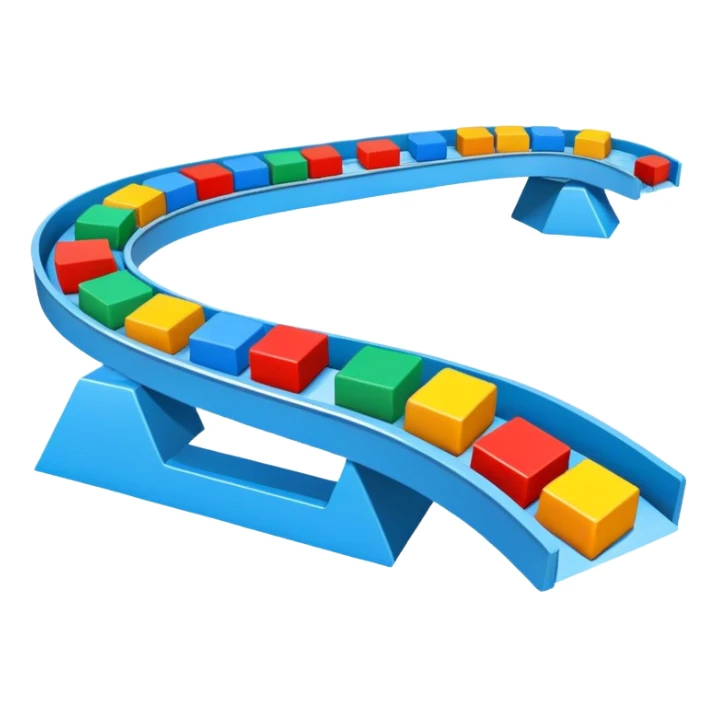 Conveyor belt moving small colored blocks in a row, representing an automated system sticker