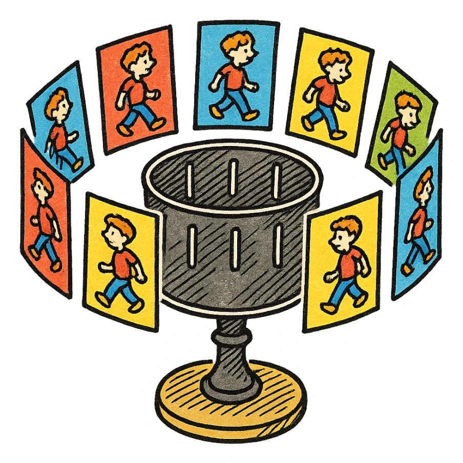 Make the zoetrope with vibrant, colorful animation frames around it, in the style of hand drawn icon with no fill sticker