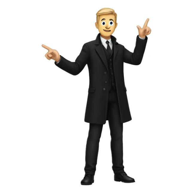 A man wearing black coat and pants pointing his hand towards right sticker