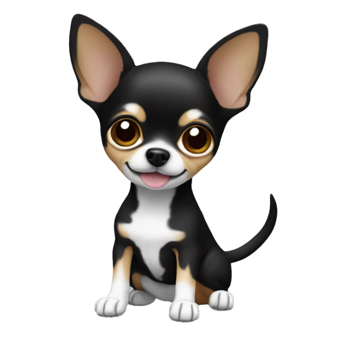 Chihuahua dog is black, with white front paws and neck sticker