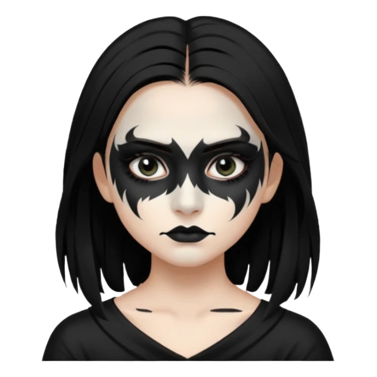 Crea una ragazza con stile black metal,  paint face black metal, capelli neri mossi dalle spalle e occhi bianchi sticker