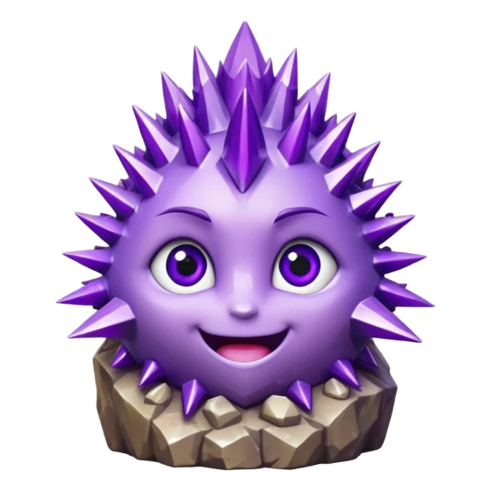One spiky amethyst crystal rock character, short thick base covered in tall purple crystal spikes like a quartz cluster, faceted and sharp, adorable round face carved into the front of the base with big glossy eyes and a smile, 3D render, high detail, isolated on dark background.” sticker