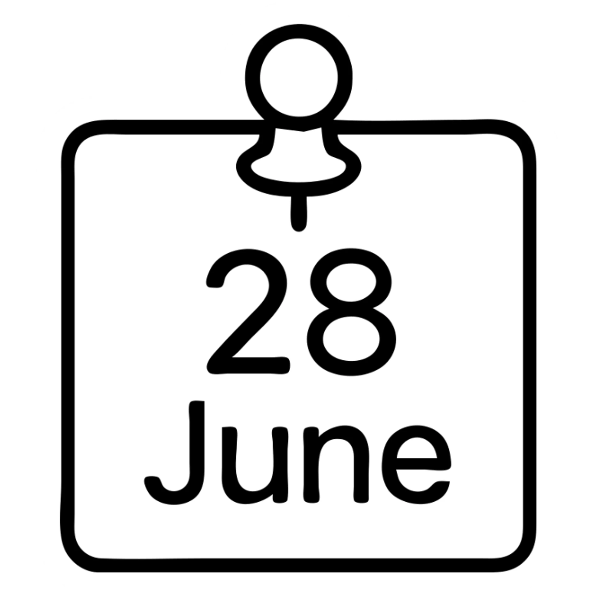 a pinned note with the text '28 June', minimalist, black and white sticker