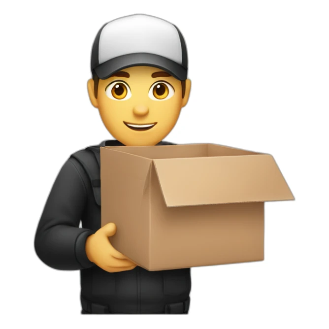 white delivery man in black and red clothes holding a box sticker