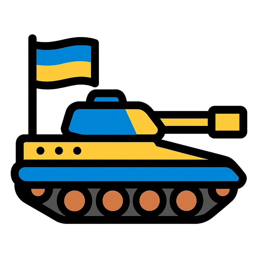Modern Ukrainian tank with flag elements, color outline icon style sticker