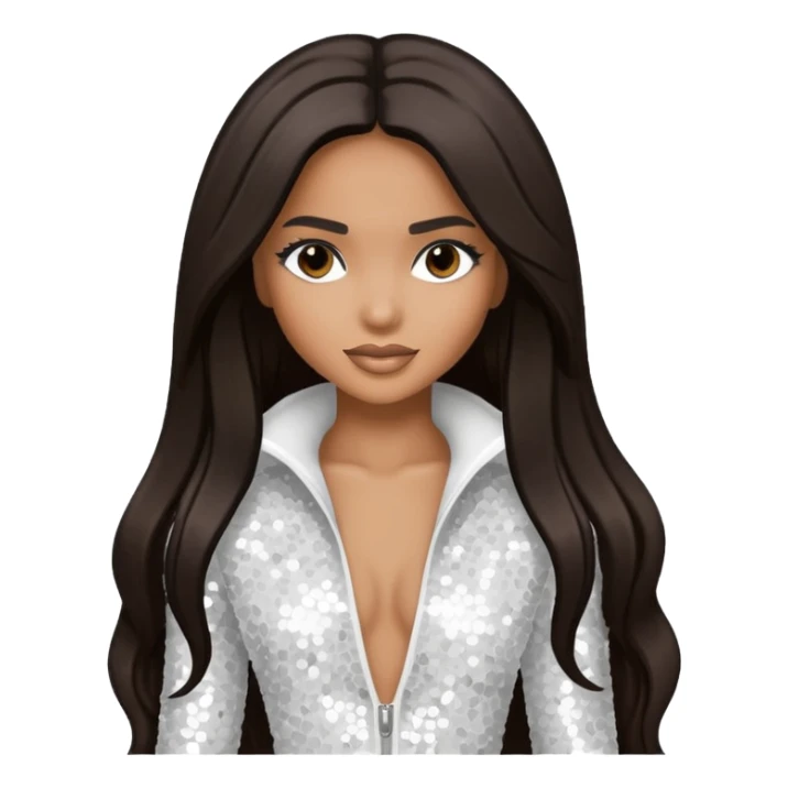 Ciara with long dark brown hair, white sequin outfit sticker