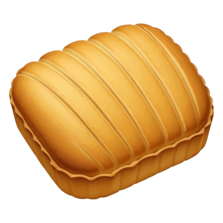 A madeleine pastry. Oval shaped with four to five vertical lines going in the same direction. Scalloped seashell shape. Light golden brown. Scalloped edge. Cookie. Flat. sticker
