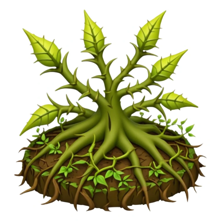 green vines with thorns sprouting from the ground, 3D, extremely detailed, earthy color palette, yellow green and brown tones, filigree inspired sticker