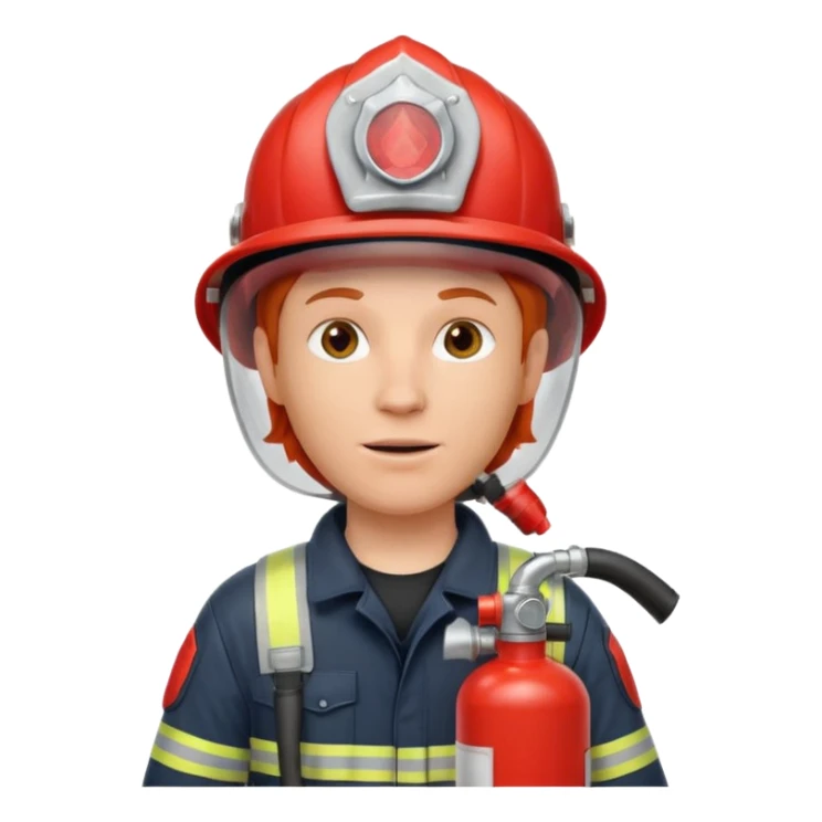 red haired Firefighter with respiratory protection with fire extinguisher sticker