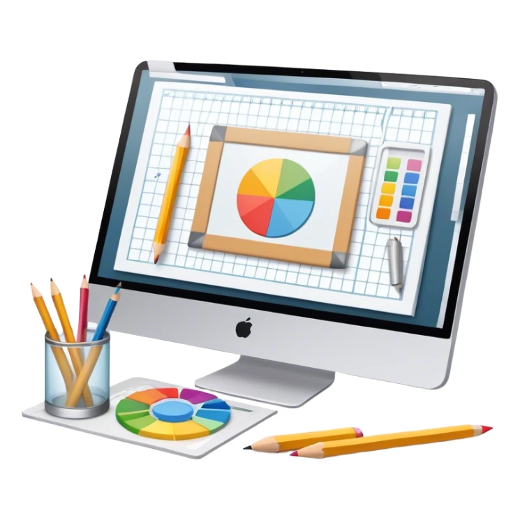 Professional emoji for Graphic Design: a computer screen displaying a design layout, vector shapes, a color palette, and design tools like a pencil and ruler. The icon should represent creativity and precision in graphic design. Transparent background. sticker