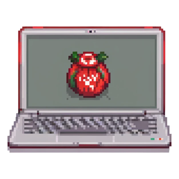 open red laptop, 'cmv' logo visible on the back of the screen, pixel art style sticker
