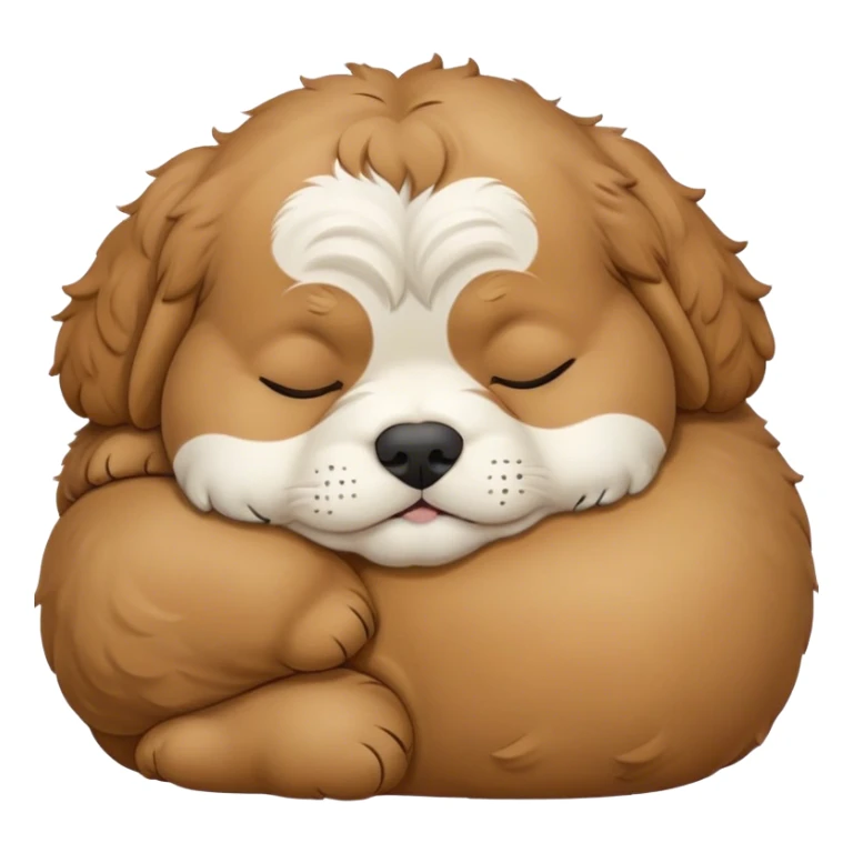 Cinematic Chubby Sleeping Cavoodle Portrait Emoji, Chubby and serene, with a round, cuddly build and a soft, curly apricot coat with subtle white patches, eyes gently closed in peaceful slumber, Simplified yet irresistibly endearing features, highly detailed, glowing with a gentle, dreamy glow, high shine, relaxed and content, stylized with a touch of whimsy, bright and heartwarming, soft glowing outline, capturing the essence of a blissfully sleepy companion, so comically serene it feels like it could roll out of the screen and snore with adorable charm! sticker