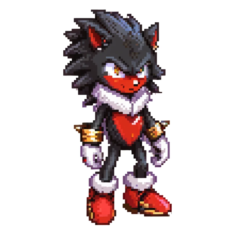 Shadow the Hedgehog standing alone on a ruined highway at dusk, black fur with crimson highlights, piercing red eyes, sharp swept-back quills, white chest fur, sleek hover shoes glowing red, white gloves with gold rings, cold determined aura, cracked asphalt, flickering streetlights, distant skyline sticker