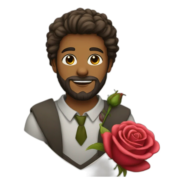 A bearded teenager with a rose and a letter sticker