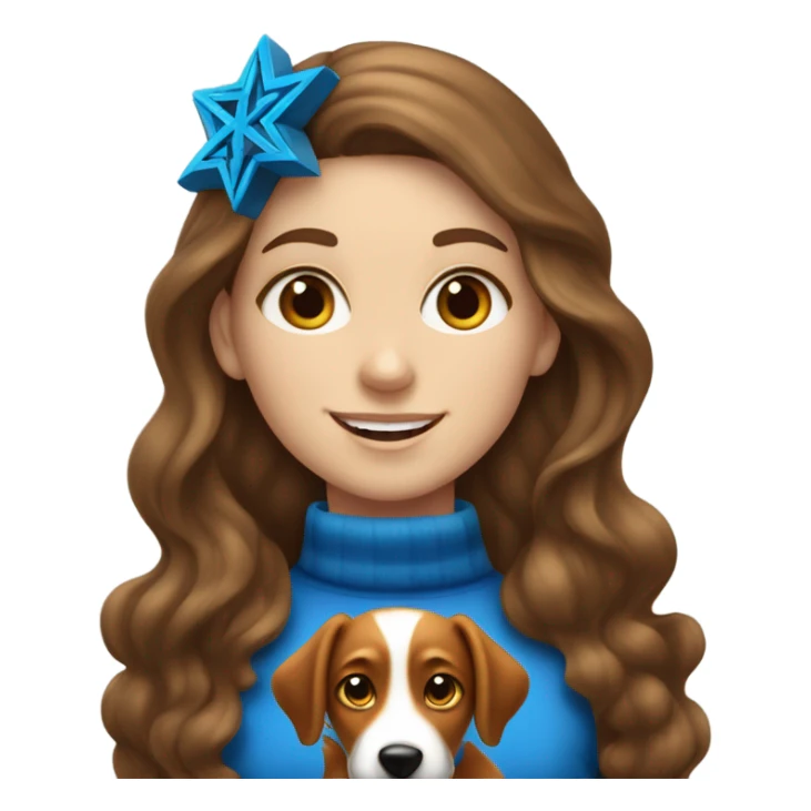 White girl with long wavy brown hair celebrating Hanukkah with her fox looking dog sticker