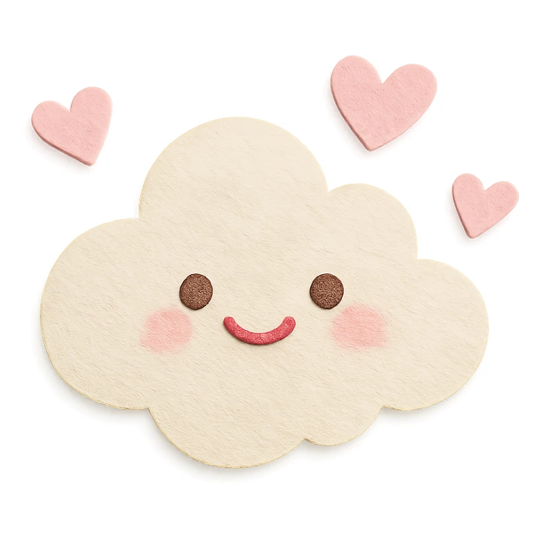 soft pastel tiny floating pink hearts around a fluffy cloud, no arms, no legs, full body, soft pastel kawaii paper craft style sticker