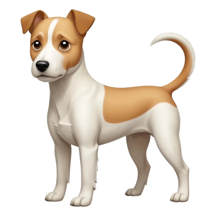 a full body facing front on of a buff white parson russell terrier looking dog the size of a kelpie with light brown long ears resting on its face and a light brown patch on one eye and a large snout. the rest of the dog is completely white.  sticker
