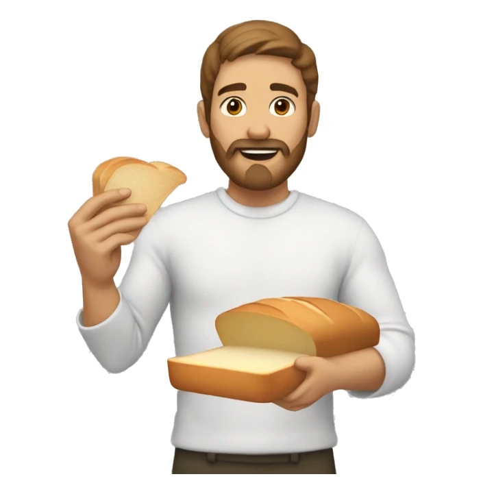 Man with white skin, brown har and brown medium beard eat a slice of white bread sticker