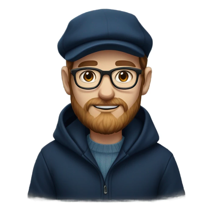 an irish guy with a black newsboy hat in color wearing a navy blue pull over hooded sweater thin frame glasses beard and sideburns blue eyes sticker