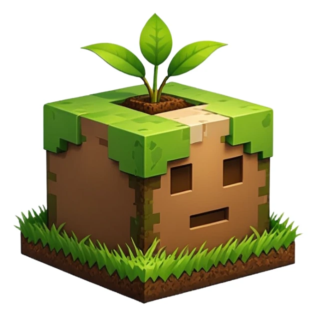 A 3D Apple-style emoji of a simple Minecraft-style grass block, cube-shaped with green grass on top and brown dirt on the sides, no background, clean design. sticker