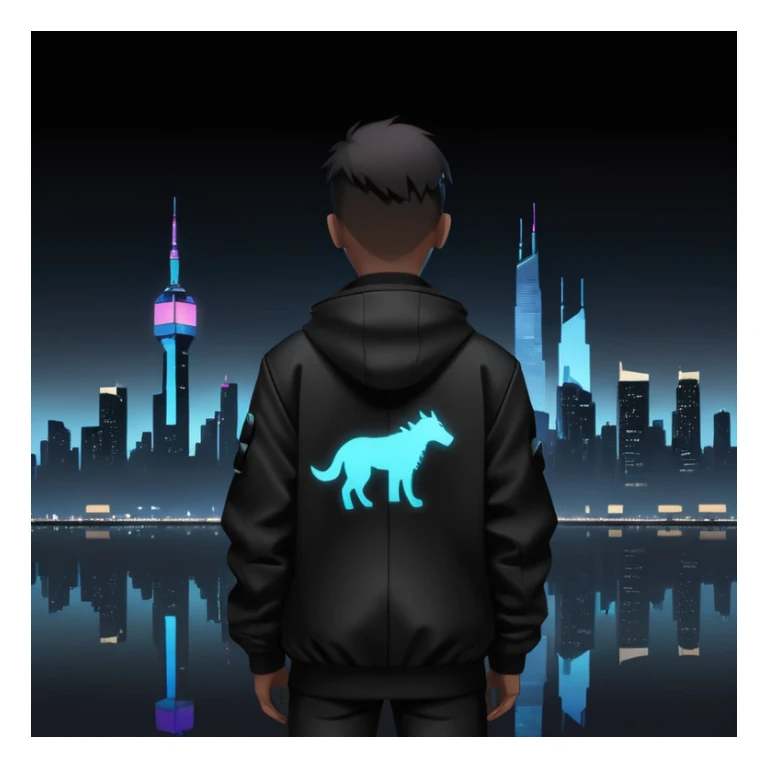 A silhouette watching a city skyline at night, cyberpunk atmosphere, black background sticker
