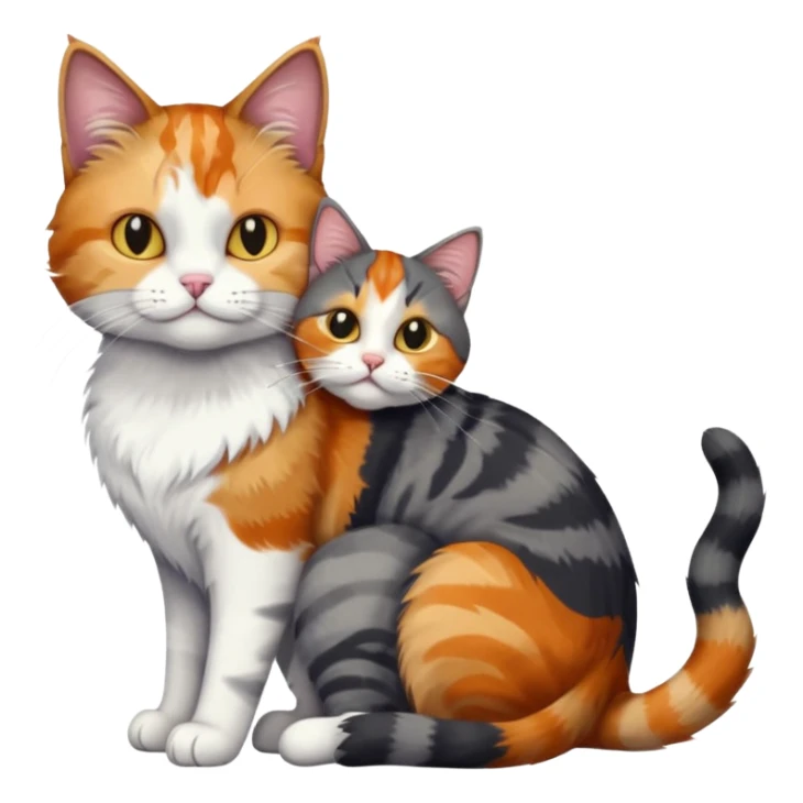 full body colourful light patched calico + white tabby cat cuddling a big dark grey and white tabby cat  sticker