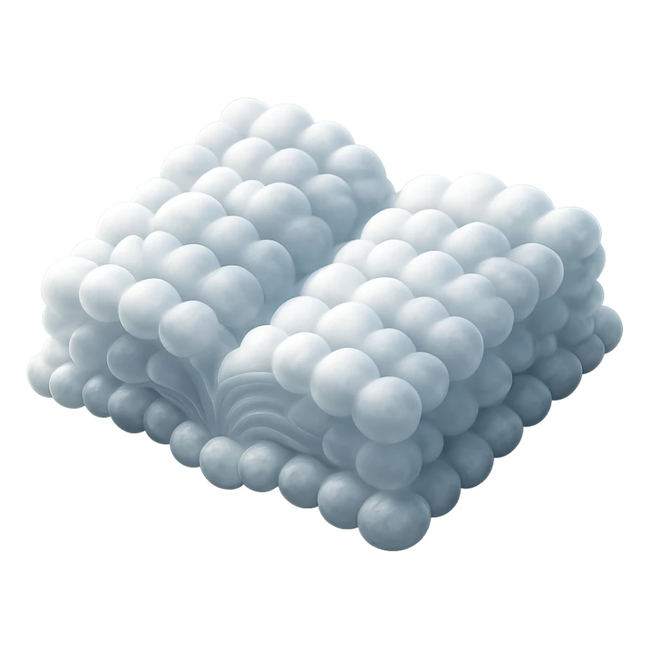 top view of a thick open book made entirely of small, very bright white fluffy convex clouds, matte glass style sticker