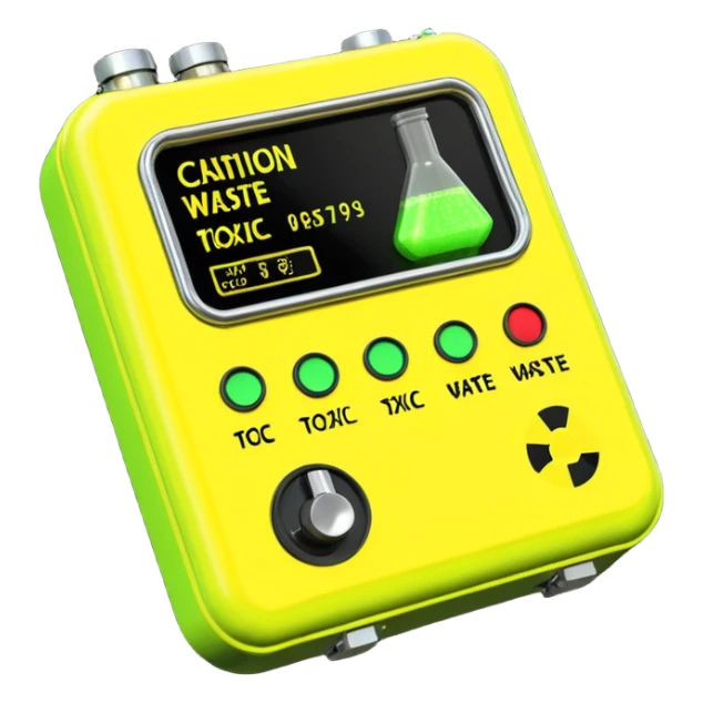 3D render of Geiger Counte, toxic waste aesthetic, neon green bubbling liquid, caution yellow metal, industrial warning texture. sticker