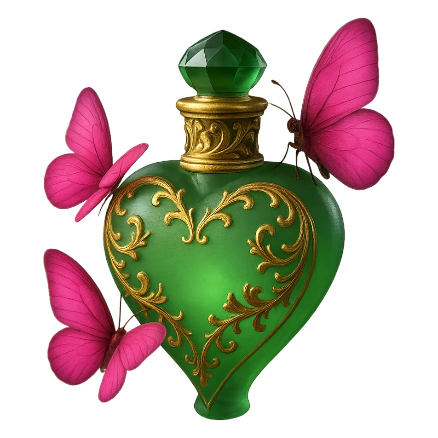 Enhance the butterflies to be more vivid and brighter while maintaining the matte glass style. Improve the green bottle with golden details and pink butterflies, making the design cleaner and more elegant. sticker