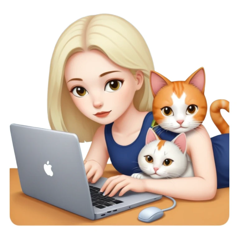 A girl is working on a laptop with a cat lying next to it sticker