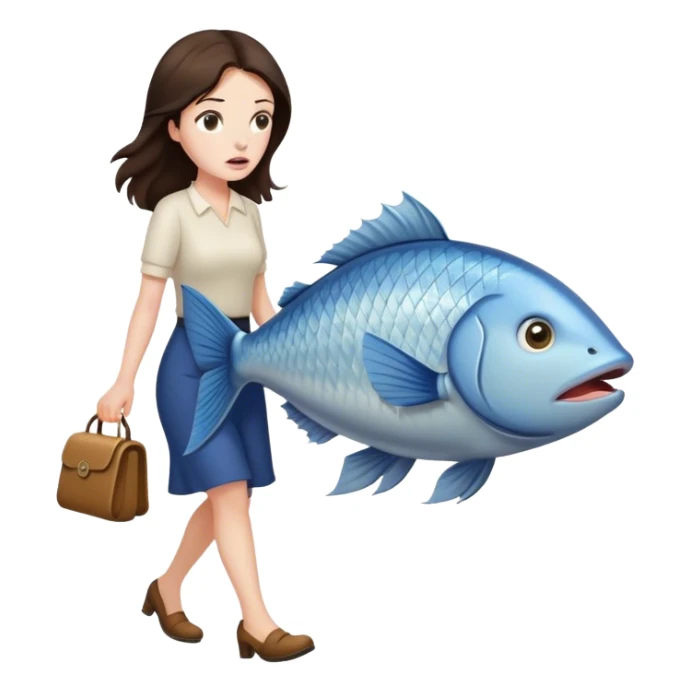 Confused Brunette Woman walking with huge fish sticker