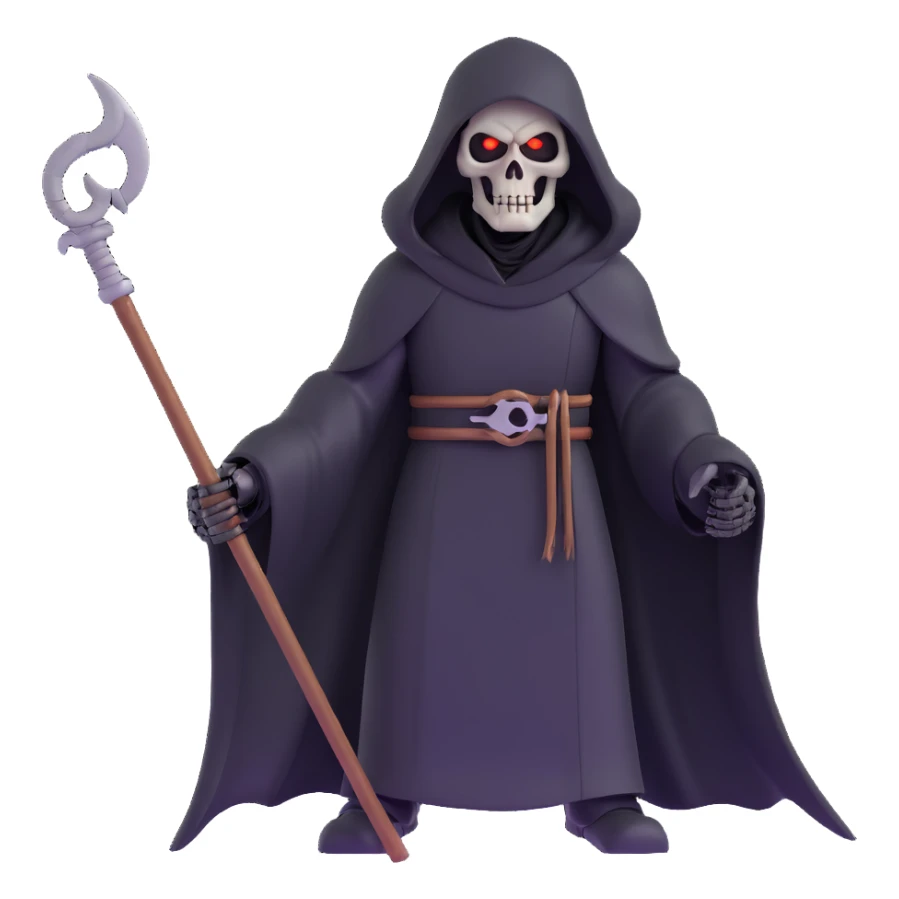 AI robot as the Grim Reaper with metallic body, black cloak, glowing eyes, holding a scythe sticker