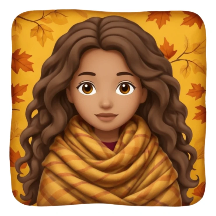 Cozy mixed girl with long wavy hair wrapped in blanket for fall sticker