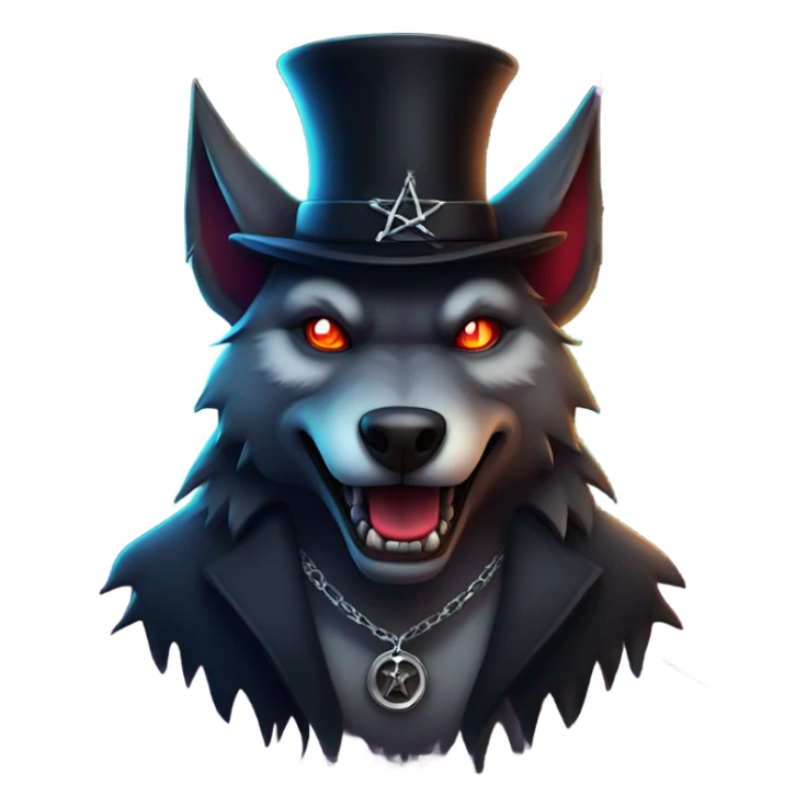 demon wolf with a pentagram top hat and a demonic chain with a mysterious night background sticker