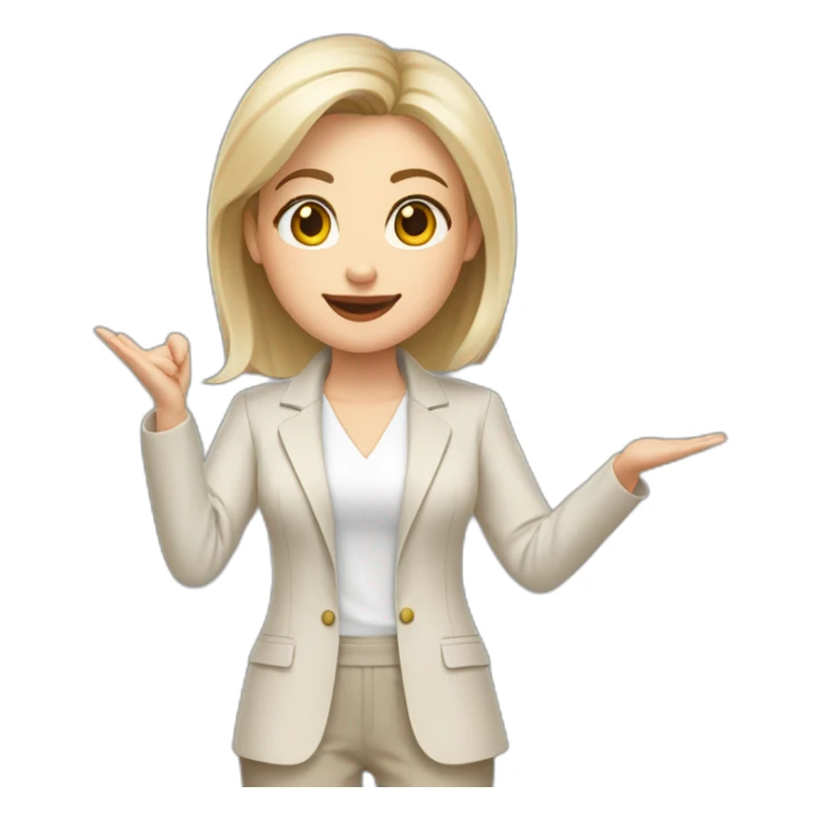 Full height Actively gesturing with hands pale skin woman with ash blonde Straightened bob Hair, White Spacious classical jacket, beige palazzo Arrow pants and gray blouse sticker